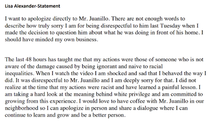 Lisa Alexander's full statement about the San Francisco encounter that's now gone viral.